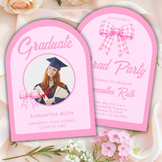 Pink Gingham Bow Arch Photo Graduation Party 招待状