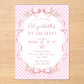Pink Gingham Bow First Birthday アクリル招待状 (正面)
