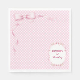 Pink Gingham Bow First Birthday Napkins スタンダードランチョンナプキン