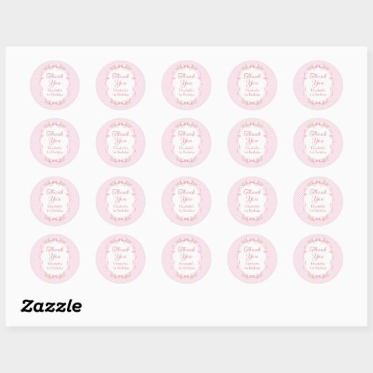 Pink Gingham Bow First Birthday Thank You Sticker ラウンドシール (シート)