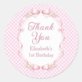 Pink Gingham Bow First Birthday Thank You Sticker ラウンドシール