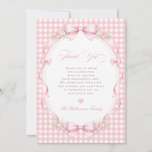 Pink Gingham Bow Floral Baby Shower サンキューカード (正面)