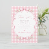 Pink Gingham Bow Floral Baby Shower サンキューカード (スタンド正面)
