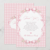 Pink Gingham Bow Floral Baby Shower サンキューカード (正面/裏面)