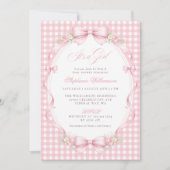 Pink Gingham Bow Floral Baby Shower 招待状 (正面)