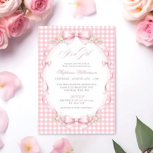 Pink Gingham Bow Floral Baby Shower 招待状