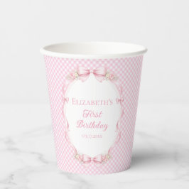 Pink Gingham Bow Girl 1st Birthday Party Paper Cup 紙コップ