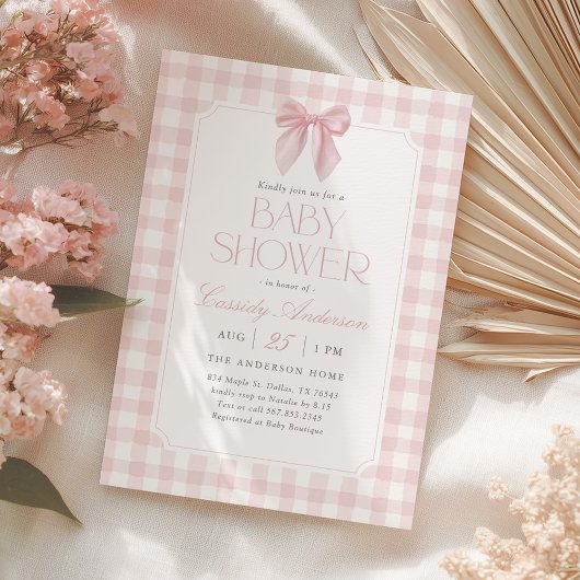 Pink Gingham Bow Girl Baby Shower 招待状