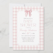 Pink Gingham Bow Girl Baby Shower 招待状 (正面)