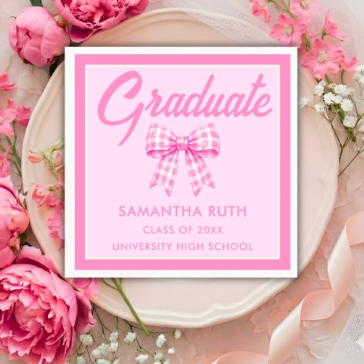 Pink Gingham Bow Graduation Party スタンダードカクテルナプキン
