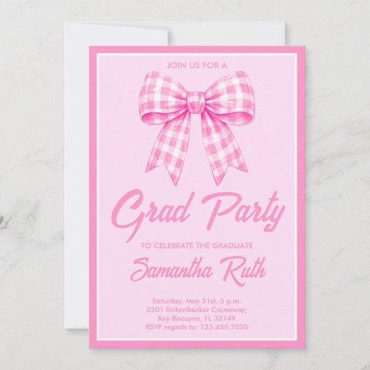 Pink Gingham Bow Graduation Party 招待状 (正面)