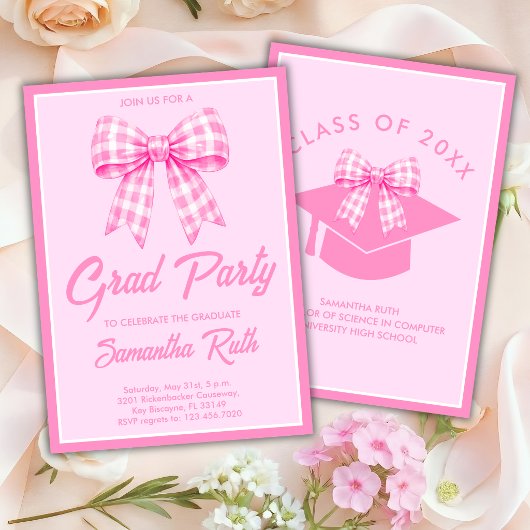 Pink Gingham Bow Graduation Party 招待状