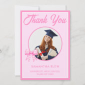 Pink Gingham Bow Photo Graduation サンキューカード (正面)