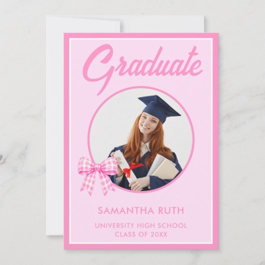 Pink Gingham Bow Photo Graduation 案内状 (正面)