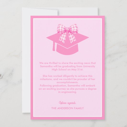 Pink Gingham Bow Photo Graduation 案内状 (裏面)