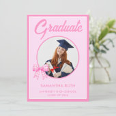 Pink Gingham Bow Photo Graduation Party 招待状 (スタンド正面)