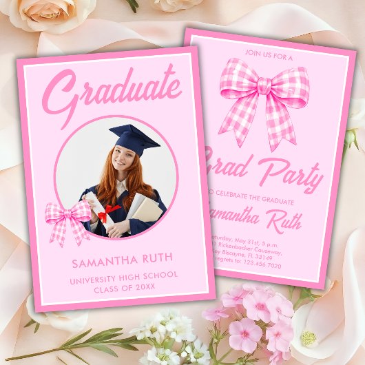 Pink Gingham Bow Photo Graduation Party 招待状
