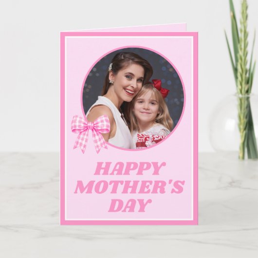 Pink Gingham Bow Photo Mother's Day Card カード (正面)