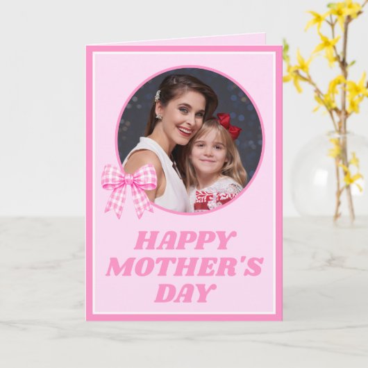 Pink Gingham Bow Photo Mother's Day Card カード (黄色い花)