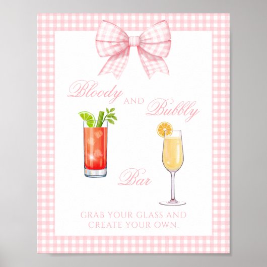 Pink Gingham Bow Preppy Coctail Bar Sign Poster ポスター (正面)