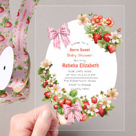 Pink Gingham Bow Strawbery Baby Shower Invitation アクリル招待状