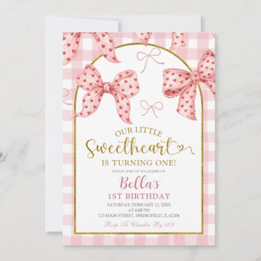 Pink Gingham Bow Sweetheart Birthday  招待状 (正面)