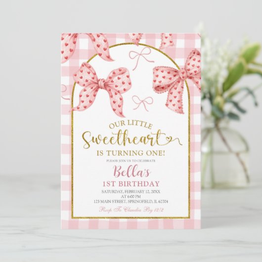 Pink Gingham Bow Sweetheart Birthday  招待状 (スタンド正面)