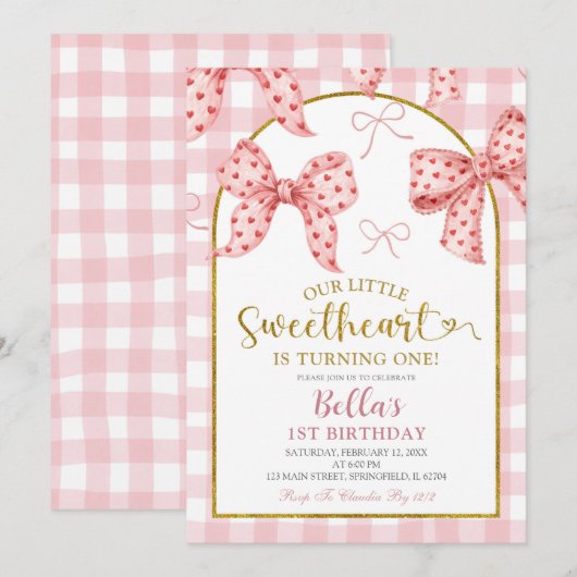 Pink Gingham Bow Sweetheart Birthday  招待状 (正面/裏面)