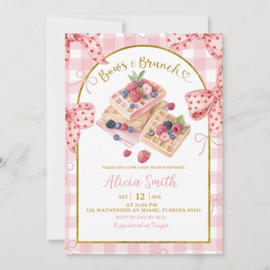 Pink Gingham Bows And Brunch Baby Shower Brunch 招待状 (正面)