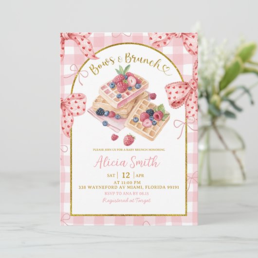 Pink Gingham Bows And Brunch Baby Shower Brunch 招待状 (スタンド正面)