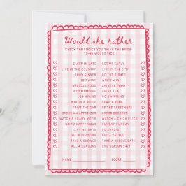 Pink Gingham Bridal Shower Would She Rather Card 招待状