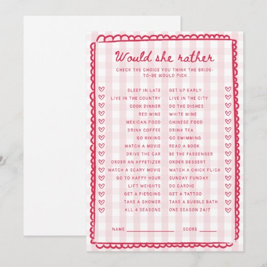 Pink Gingham Bridal Shower Would She Rather Card 招待状 (正面/裏面)
