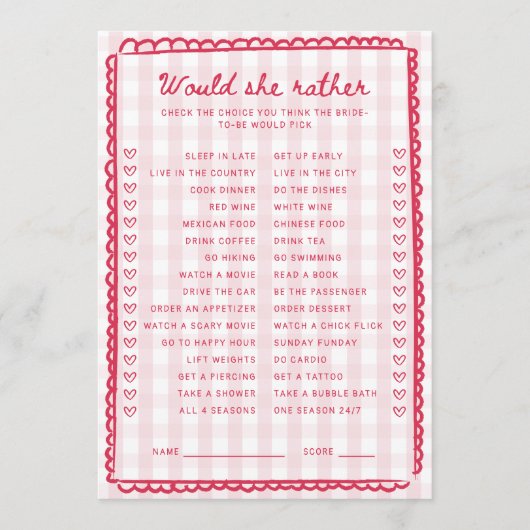 Pink Gingham Bridal Shower Would She Rather Card 招待状 (正面)