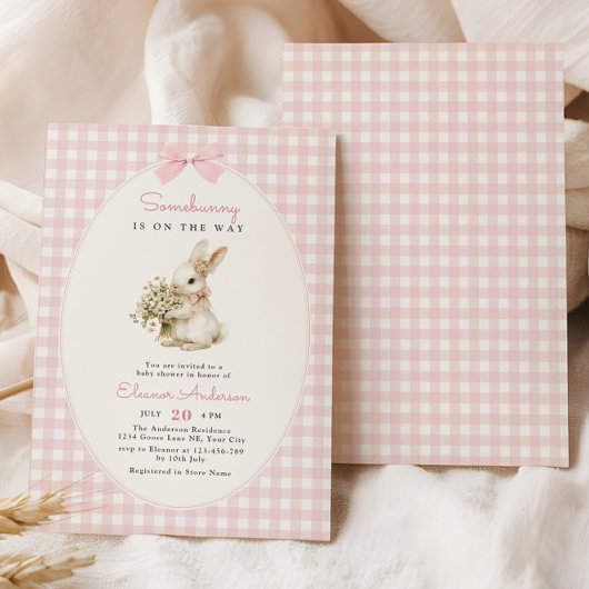 Pink Gingham Bunny Baby Shower 招待状