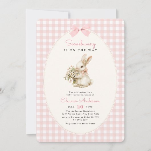 Pink Gingham Bunny Baby Shower 招待状 (正面)