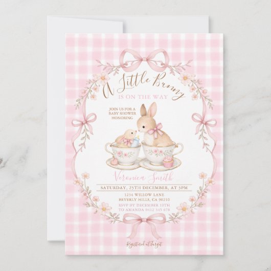 Pink Gingham Bunny Baby Shower Blush Dusty Pink 招待状 (正面)
