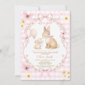Pink Gingham Bunny Baby Shower Butterfly Daisy 招待状 (正面)