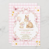 Pink Gingham Bunny Baby Shower Butterfly Daisy 招待状 (正面/裏面)