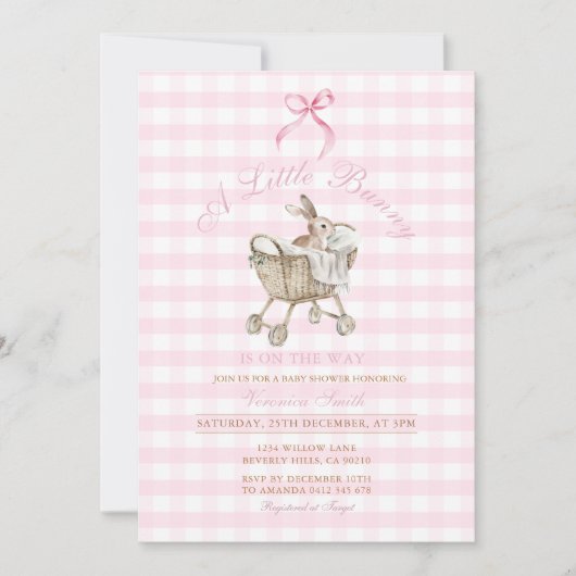 Pink Gingham Bunny Baby Shower Grandmillennial  招待状 (正面)