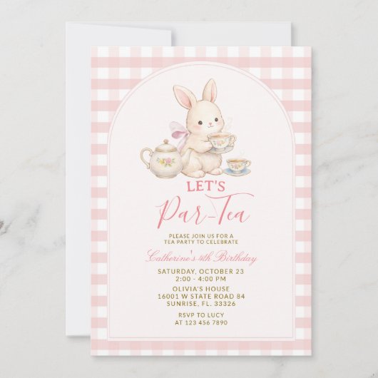 Pink Gingham Bunny Tea Party Birthday Invitation 招待状 (正面)