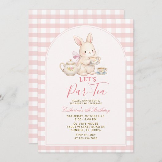 Pink Gingham Bunny Tea Party Birthday Invitation 招待状 (正面/裏面)