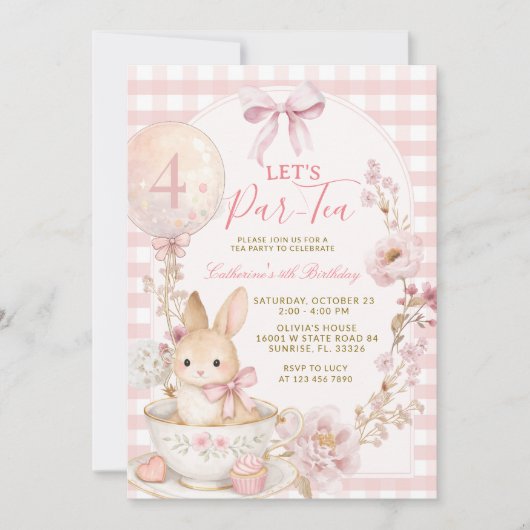 Pink Gingham Bunny Tea Party Girl Birthday 招待状 (正面)