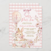 Pink Gingham Bunny Tea Party Girl Birthday 招待状 (正面/裏面)