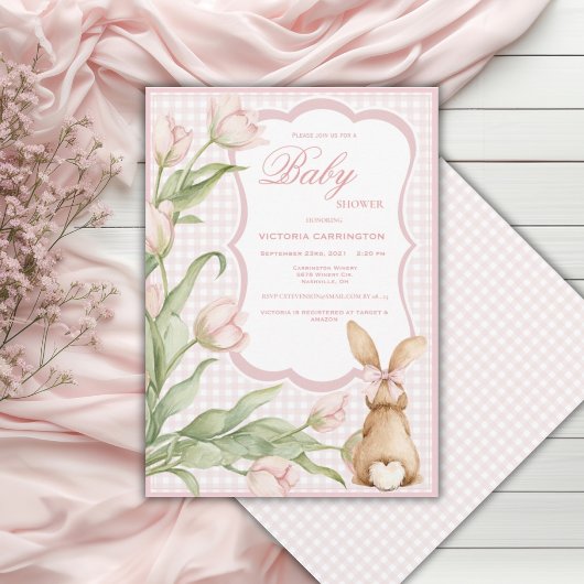 Pink Gingham Bunny Tulips Vintage Baby Shower  招待状