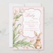 Pink Gingham Bunny Tulips Vintage Baby Shower  招待状 (正面)