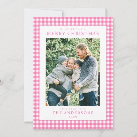Pink Gingham Christmas Photo シーズンカード (正面)