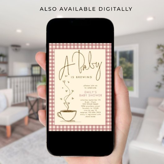 Pink Gingham Coffee Baby is Brewing Shower  招待状