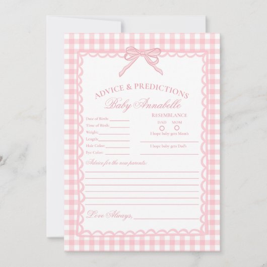 Pink Gingham Coquette Bow Advice for Baby Card 招待状 (正面)