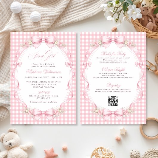 Pink Gingham Coquette Bow All-in-One Baby Shower 招待状