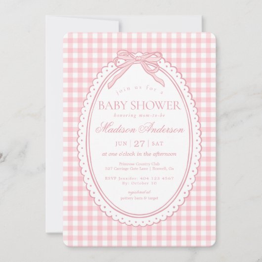 Pink Gingham Coquette Bow Baby Shower 招待状 (正面)
